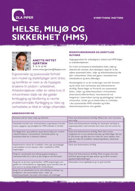 HELSE, MILJØ OG SIKKERHET (HMS) - DLA Piper