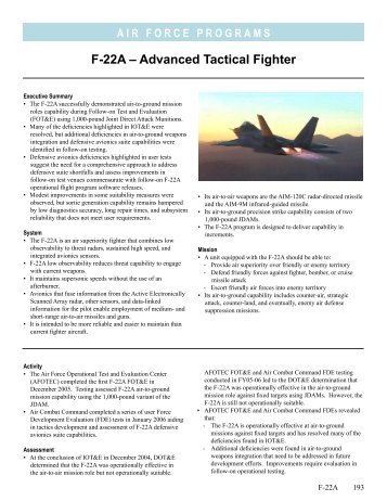 F-22A – Advanced Tactical Fighter - DOT&E