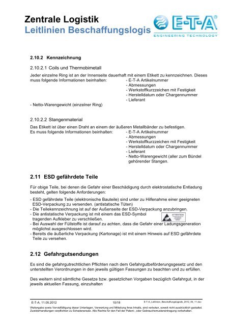 Zentrale Logistik Leitlinien Beschaffungslogistik - ETA