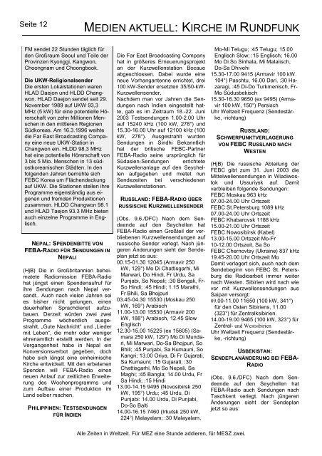 MEDIEN AKTUELL: KIRCHE IM RUNDFUNK MAI 2003 - Asamnet