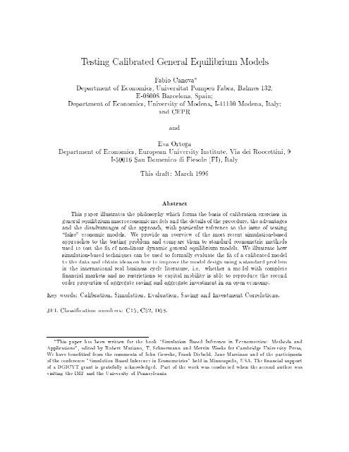 Testing Calibrated General Equilibrium Models - Universitat ...