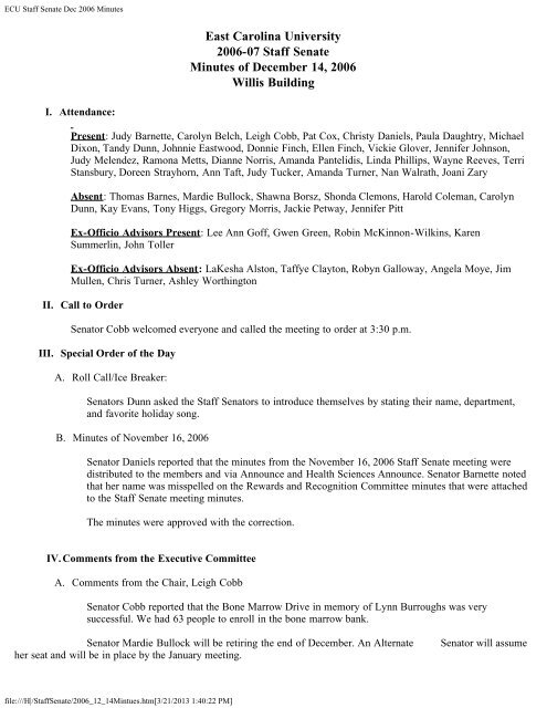 ECU Staff Senate Dec 2006 Minutes - East Carolina University