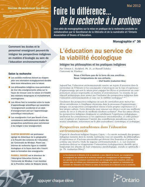 L'éducation au service de la viabilité écologique : intégrer les ...