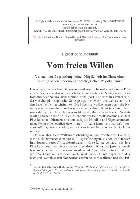 Vom freien Willen - Scheunemann, Egbert