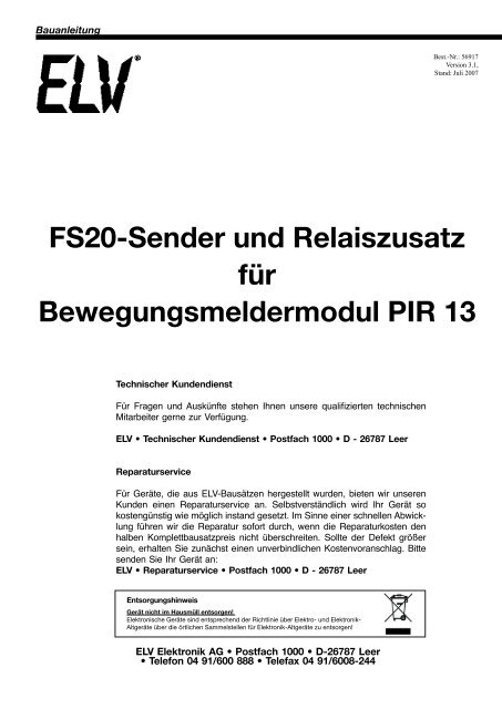 FS20-Sender und Relaiszusatz für Bewegungsmeldermodul ... - ELV