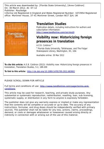 Visibility now: Historicizing foreign presences in translation - English ...