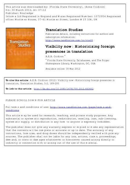 Visibility Now Historicizing Foreign Presences In Translation English