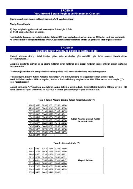 ERDEMİR Yürürlükteki Sipariş Peşinat ve Finansman Oranları ...