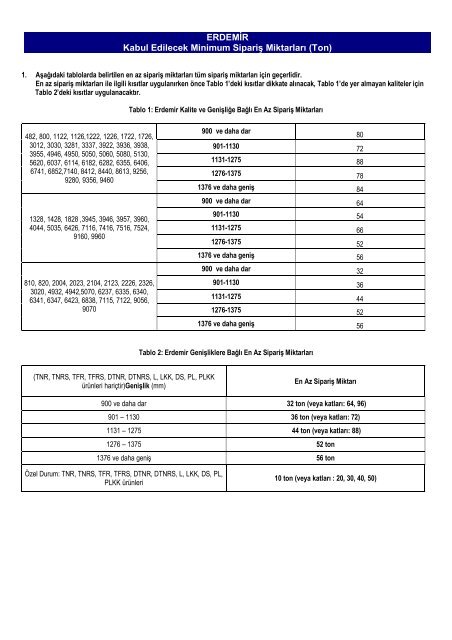 ERDEMİR Kabul Edilecek Minimum Sipariş Miktarları (Ton)