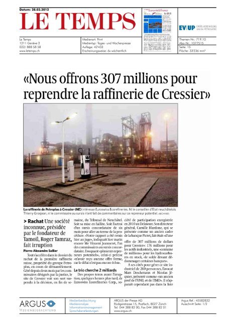«Nous offrons 307 millions pour reprendre la raffinerie de Cressier»