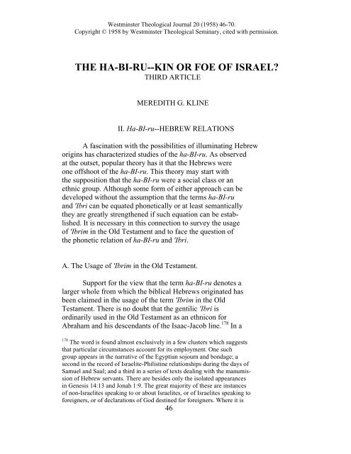 The Ha-Bi-Ru--Kin or Foe of Israel? - Gordon College Faculty