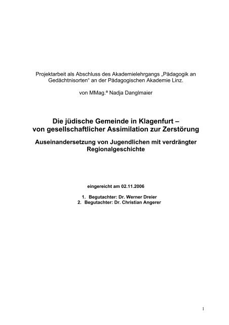 Die jüdische Gemeinde in Klagenfurt – von ... - Erinnern