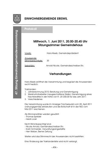 Protokoll Gemeindeversammlung vom 01.06.2011 - Eriswil