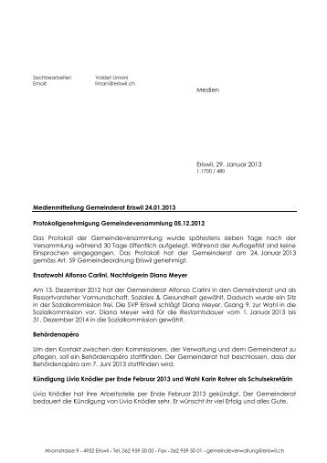 Medienmitteilung Gemeinderat Eriswil 24.01.2013