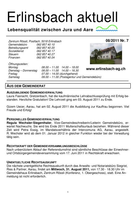 Erlinsbach aktuell 08/2011 [PDF, 815 KB] - Erlinsbach AG