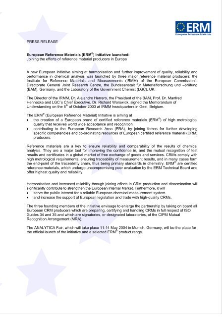 PRESS RELEASE European Reference Materials (ERM®) Initiative 