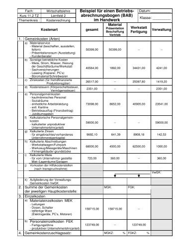 Beispiel für einen Betriebs- abrechnungsbogen (BAB) im Handwerk
