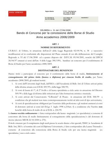 Bando di Concorso per la concessione delle Borse ... - ERSU Urbino