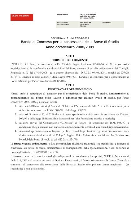 Bando di Concorso per la concessione delle Borse ... - ERSU Urbino