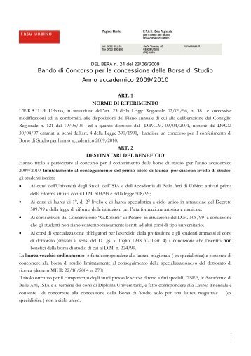 Bando di Concorso per la concessione delle Borse ... - ERSU Urbino