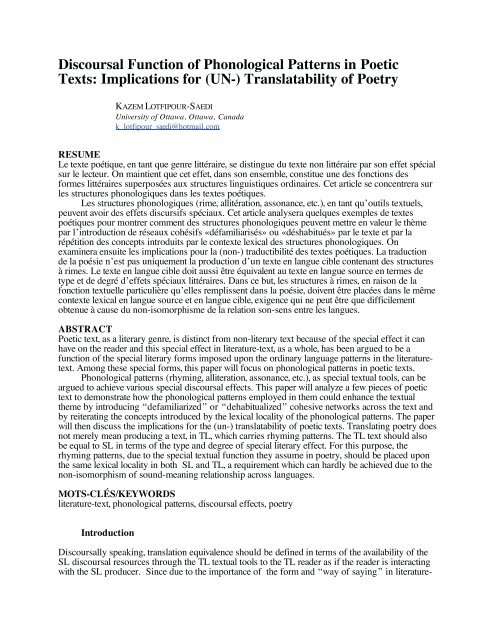 Discoursal Function of Phonological Patterns in Poetic Texts ...
