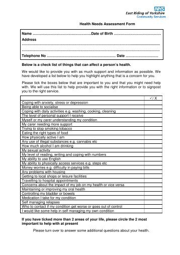 Health Needs Assessment Form Name ...