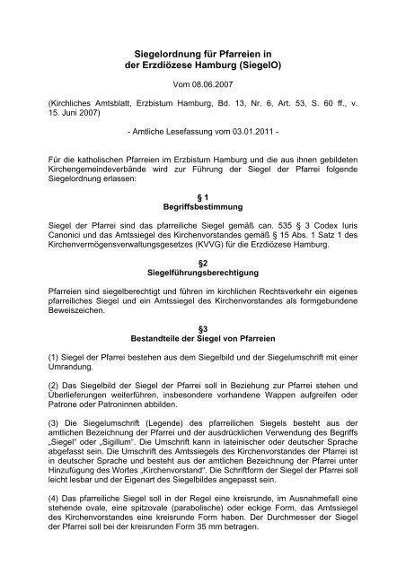 Siegelordnung für Pfarreien in der Erzdiözese Hamburg (SiegelO)