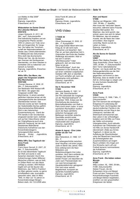 Shoah - Medienliste - Erzbistum Köln