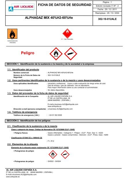 FDS Alphagaz MIX 40%H2 - 60%HE ... [302-10-012ALE] - Air Liquide