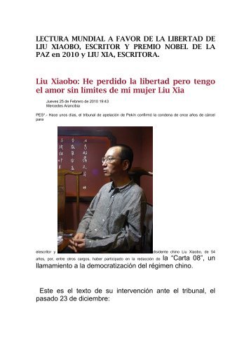 Liu Xiaobo: He perdido la libertad pero tengo el amor sin límites de ...