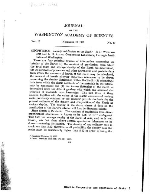 Williamson, E.D., and L.H. Adams, Density distribution in the Earth, J ...