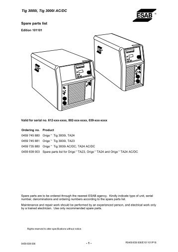 Tig 3000i, Tig 3000i AC/DC Spare parts list - ESAB