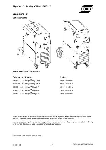 Mig C141/C151, Mag C171/C201/C251 Spare parts list - ESAB