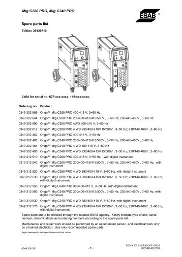 Mig C280 PRO, Mig C340 PRO Spare parts list - ESAB