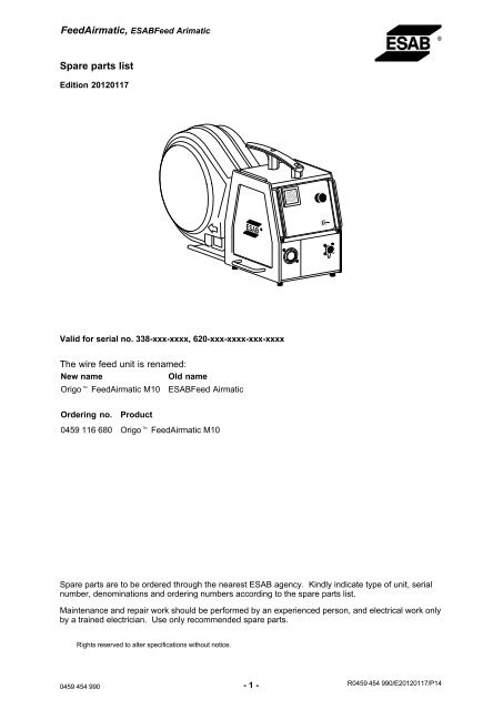 Spare parts list - ESAB