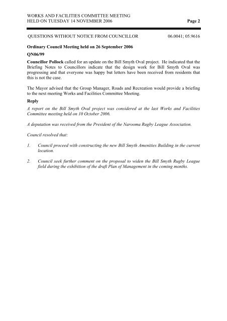 Works and Facilities Agenda (14/11/06, 8766kb) - Eurobodalla Shire ...