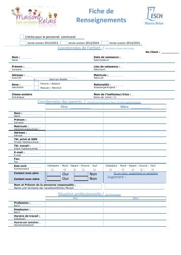 Fiche de Renseignements - Esch sur Alzette