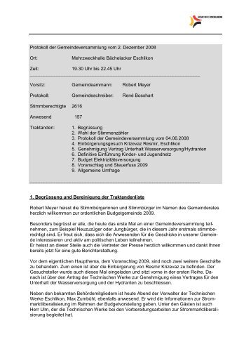 Protokoll der Gemeindeversammlung vom 2. Dezember 2008 Ort ...