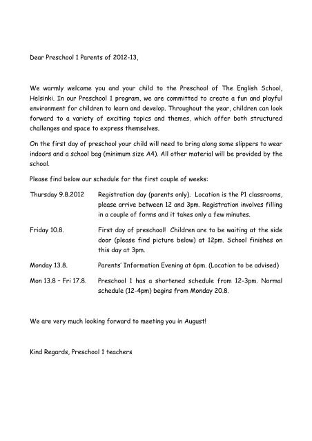 Welcome letter P1 - The English School