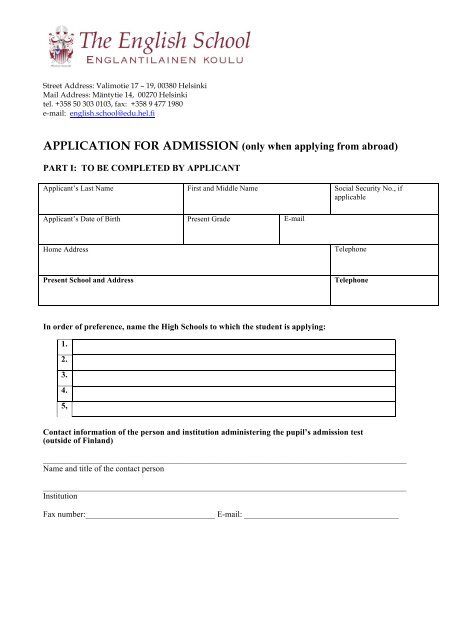 HS Application form 2013 - The English School - Helsinki