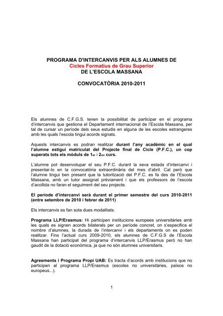 PROGRAMA D'INTERCANVIS PER ALS ... - Escola Massana