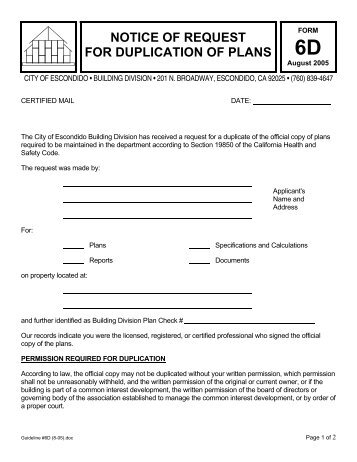 Notice of Request for Duplication of Plans - City of Escondido