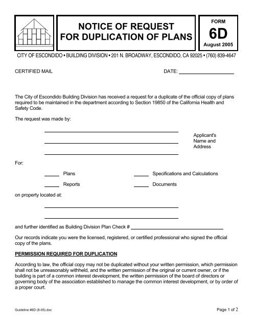 Notice of Request for Duplication of Plans - City of Escondido