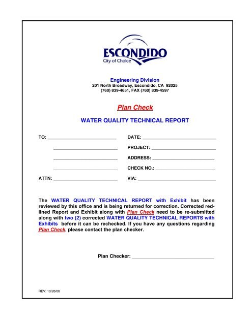 Water Quality Technical Report Plan Check - City of Escondido