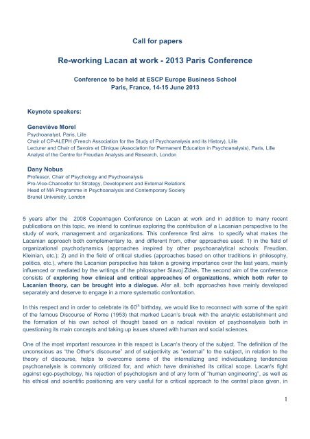 Call for Papers Reworking Lacan at Work _2_ - ESCP Europe