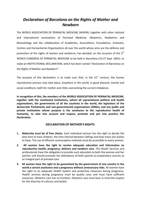 Declaration of Barcelona on the rights of mother and newborn (2001)