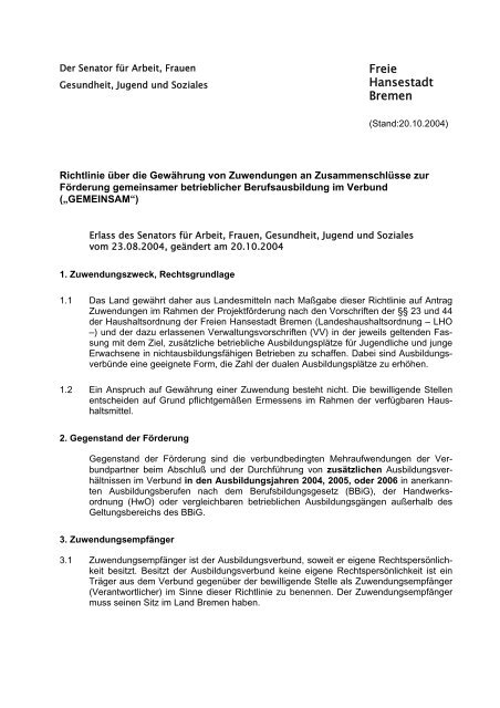 Richtlinie Ausbildung im Verbund 20.pdf - (ESF) im Land Bremen