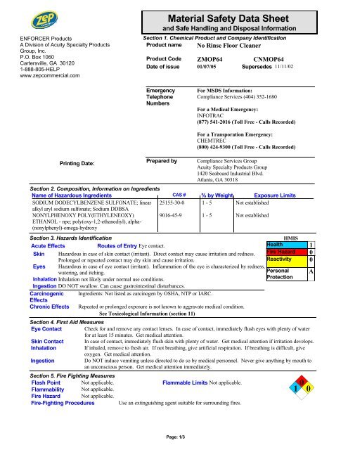 1216 No Rinse Floor Cleaner English Us Msds Zep
