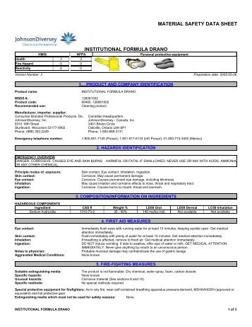 material safety data sheet institutional formula drano - CleanEasier ...