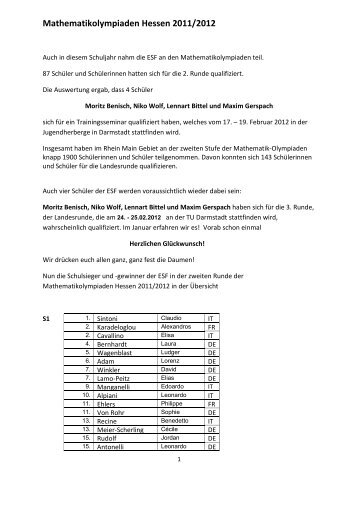 Schulsieger der Mathematikolympiade